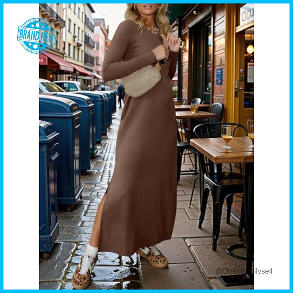 Long Sleeve Maxi Dress Casual Elegant Loose Fit Wrinkle Free Travel Wear - Picture 2 of 7